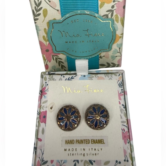 Mia Fiore Jewelry - Mia Fiore Hand Painted Made in Italy Blue and Gold Enamel Earrings